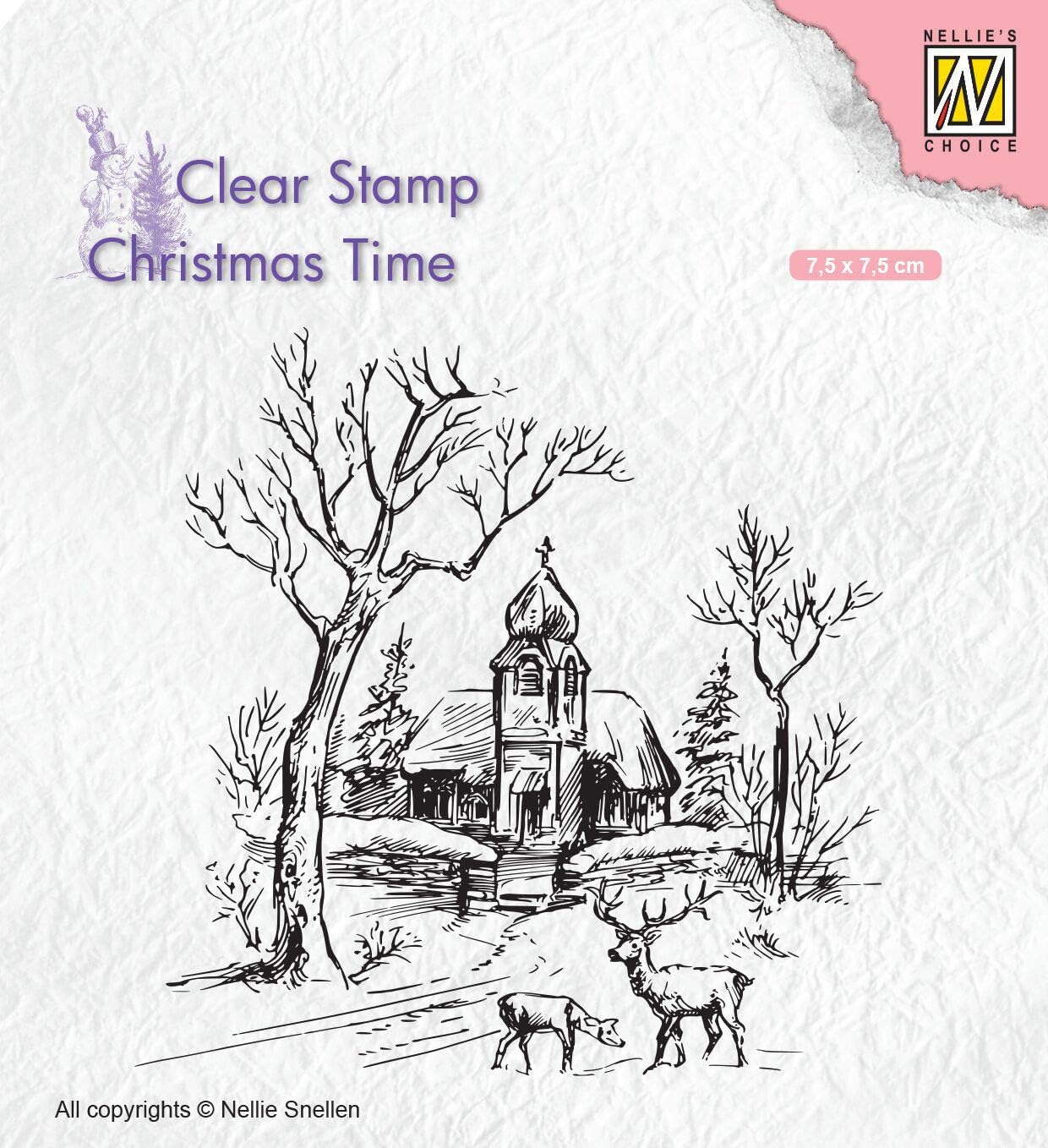 Nellies Choice Clearstamp Wintery Scene with Church & Reindeer 75x75mm