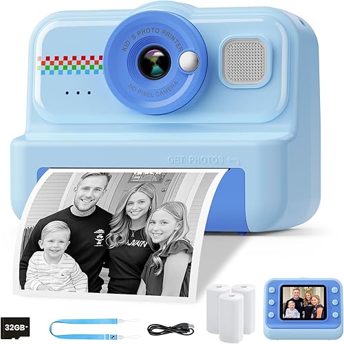 HiMont Kids Camera Instant Print, 1080P HD Instant Print Camera for Kids with 3 Rolls Print Paper & 32GB Card, Selfie Digital Camera for Kid, Ideal Kid Toys Gifts for Boys & Girls Age 3-14 (Blue)