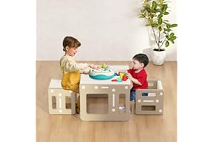 hoopyosms Juego de Mesa y 2 Sillas para Niños, Mesa de Actividades de Plástico para Chicos con Taburetes, Mesa y Sillas Cúbicas Montessori, Mobiliario Educativo para Pequeños, Caqui