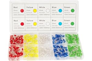 DiCUNO 5MM LED Leuchtdioden, LED Dioden Sortiment Kit Rundkopf mit 5 Farbe, 2 Pin LEDs für Handwerke und Projekte, Weiß, Gelb, Rot, blau, Grün, 90 Stücke pro Farbe, 20mA, 3V, 450er Set