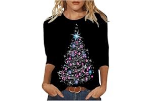 AMhomely Christmas T Shirts for Women UK Clearance Ladies Tops Fall Casual 3/4 Sleeve Loose Shirts Crewneck Xmas Tree Snowflake Elk Print Cute Blouse Graphic Tees Tunic Dressy Trendy Clothes