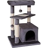 Lionto Tree Scratching Post with Cave, Bed and 2 Balls, 75 cm, Dark Grey | Large surface scratcher with cave and sisal for cl