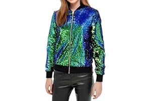 CEXIAKONG Baseball Jacke Damen Pailletten Reißverschluss Langarm Jacken Blazer Sakko Pailletten Blazer Jacke Elegant Kurz Sakko Rave Party Outwear Blazermantel Bomberjacke Bikerjacke Übergangsjacke Lässig