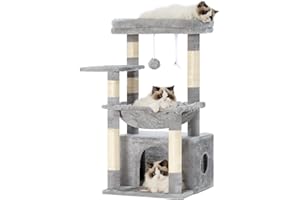 Heybly Arbre À Chat, Arbre À Chat avec Très Grand Panier pour Matou, Bois À Matou avec Lit Spacieux pour Matou Et Couchette Cachée, et Balle en Peluche, Gris Clair HCT008SW