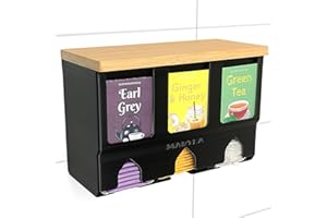 MARTEA Teeregal für die Wand - hängender Teebeutelspender zur hochkant Tee Aufbewahrung als Gastro Küchen Organizer (schwarz, Holzdeckel)