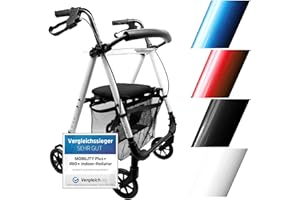 ‎MOBILITY PLUS+ Mobility Plus+ Indoor Rollator IR10+ Weiß - Wohnungsrollator Leichtgewicht, schmal & faltbar - Sitz & Griff höhenverstellbar - Gehhilfe für Senioren inkl. Rückengurt, Netztasche & Tablett