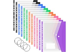 JEFURE A4 Plastic Wallets 12PCS, Colorful Punched Pockets, Expandable Plastic Folders with Label Pocket, Button and Ring Binders, Suitable for Office, School, Home