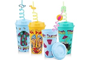 UOEO 4Pcs Beach Party Drinking Cups with Reusable Tropical Fancy Straws, 16Oz Plastic Cold Cups with Lid and Straw Tumblers Set for Hawaiian Luau Party Pool Summer Birthday Party Favor Pool Gatherings