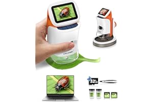 USCAMEL Microscope pour Enfants avec Pied: Microscopes Numériques Main 100-1000x: Écran LCD 4K 2,0 Pouces USB Portable Microscope de Poche, avec Kits Scientifiques, 15 Diapositives, Carte Mémoire 32G