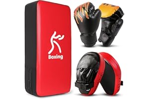 Odoland 3-in-1 Boxing Gloves Punching Mitts Kick Pack Set for Kids, Boxing Mitts Focus Pads, Taekwondo Kick Pad, Kids Boxing Gloves for Boxing Red Gold Blue