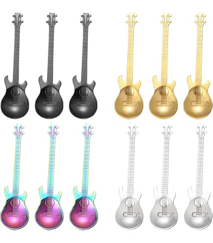 Qaestuan 7 Kaffeelöffel Set - Bunte Edelstahl Gitarren 12cm Spülmaschinenfest