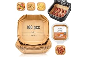 ROE TENPO K-MART 100 unidades de papel de horno para freidora de aire caliente, 23 cm, cuadrado, antiadherente, calidad alimentaria, accesorios para hornear, freír, microondas