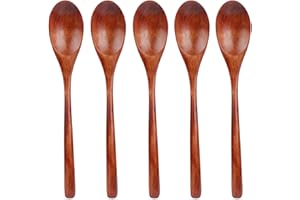 TsunNee Drewniana łyżka 22,5 cm, długa rączka, japońskie łyżki do zupy, do jedzenia, mieszania, gotowania, 5-pak