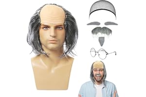 UILYNIU 7 Stück Opa Halbglatze Perücken Set Glatze Perücke Opa Perücke Schnurrbart Bart Augenbrauen Brille Perücken Kappe Opa Kostüm Herren Perücke Alter Mann Perücke Herren Kostüm Zubehör (7 Stück)