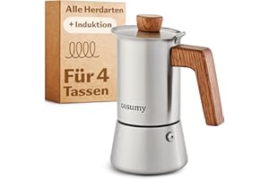 ‎COSUMY Cosumy Espressokocher Induktion für alle Herdarten geeignet 4 Tassen - Mokkakanne Edelstahl & FSC Eichenholz - Extra Silikondichtung - 200ml