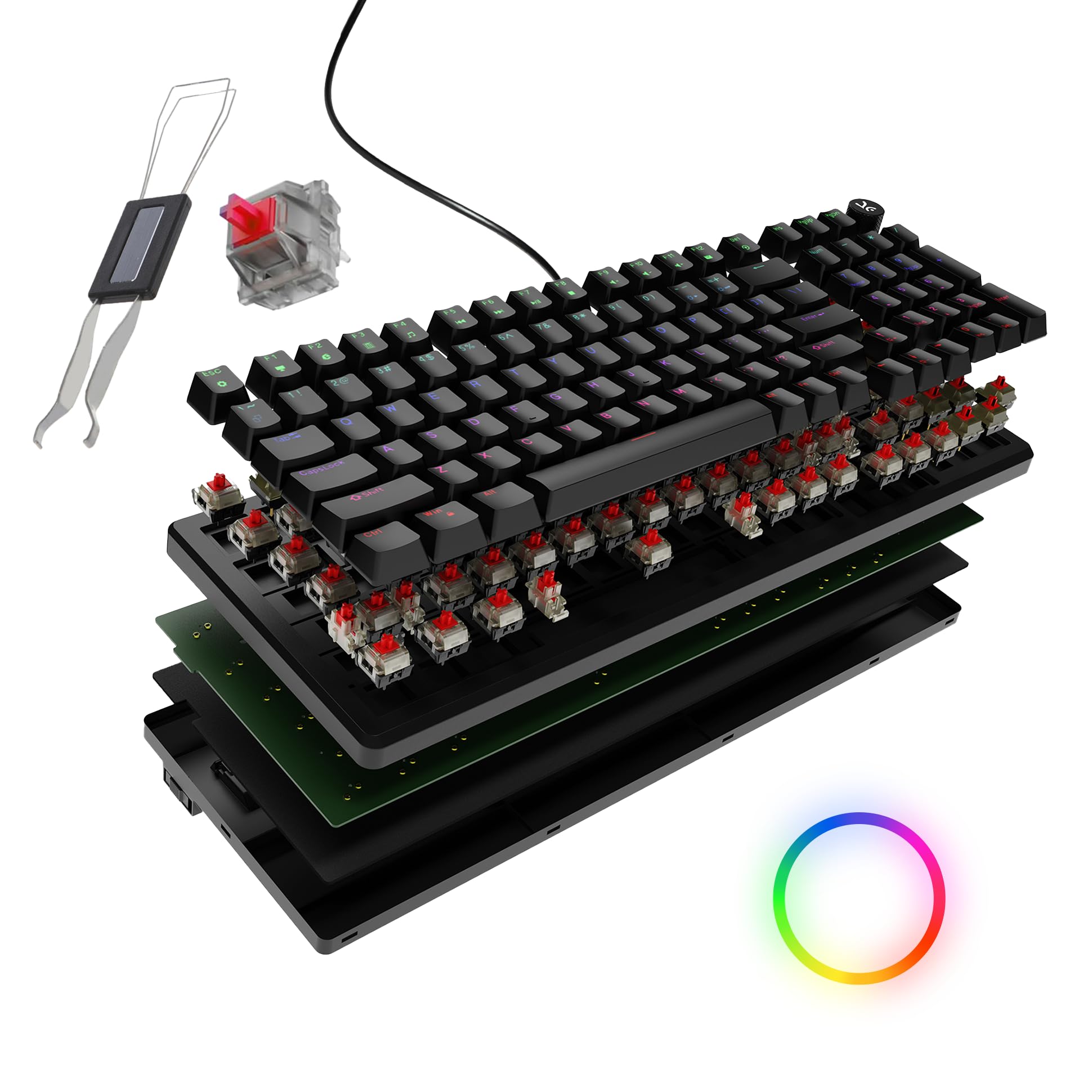 Kreo Hive Wired Full Size RGB Backlight Gaming Mechanical Keyboard, Customizable RGB, Mechanical Switches, NKRO, Metal Volume Knob, All Black Keycaps (All Black, Red Switch)