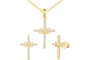INFINIONLY Juegos de joyas de plata esterlina 925, Juegos de joyas Collar y Pendientes para mujer niña, joyas símbolo infinito y cruz, circonita con incrustaciones, dorado