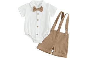 Geagodelia Tenue Gentleman Bébé Garçon de 2 Pièces, Body Chemise à Manches Courtes + Shorts à Bretelles, Ensemble Gentleman Baptême Mariage Cérémonie