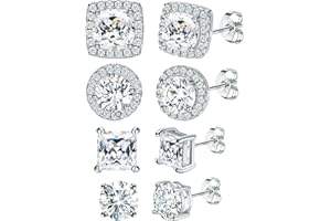 DOCHAIS Ensemble 4 Paires Boucles d'Oreilles Argent 925 Plaqué Or 14k, Hypoallergéniques, Grandes Boucles Rondes et Carrées Zirconium 6-10mm pour Femmes et Hommes, Unisexe