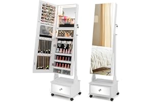 COSTWAY Free Standing Jewellery Cabinet, 3-Color LED Lights Lockable Jewelry Armoire with Full Length Mirror, Storage Drawer and Wheels, Mobile Angle-Adjustable Jewellery Organiser Gift (White)