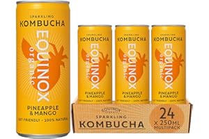 Equinox Kombucha Pineapple & Mango (24 x 250ml) | Brewed in UK with SCOBY, Green Tea & Raw Cane Sugar | Sparkling Live Cultured Probiotic Drink for Gut Health | No Sweeteners & 100% Natural