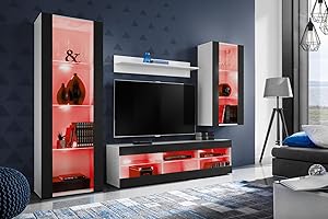 Komodee Wohnwand Wohnzimmerset Tivoli Medio, Schwarz/Weiß, Breite 245cm x Höhe 159cm x Tiefe 35cm, LED RGB, für Wohnzimmer, Schlafzimmer
