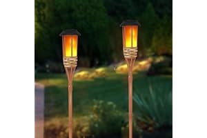 EONANT Flamme Clignotante Lumière Solaire Extérieur Étanche Jardin Lampe de Poche Torche Balançante Flamme Extérieur Île Torche, Placage en Bambou Fait à la Main (2 Pièces)