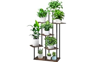 YOCOMEY 7-Tier Hölzern Blumenregal Pflanzenregal, Mehrstöckig Blumenständer Pflanzenständer Blumenbank Blumentreppe Pflanzentreppe Standregal für Innen Garten Balkon Deko(Schwarz Eiche)