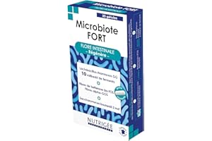 MICROBIOTE FORT FLORE INTESTINALE • Restaurer la flore et inhiber les bactéries pathogènes • PROBIOTIQUES + PRÉBIOTIQUES + NUTRIMENTS • 2 gélules/J • 30 gélules • Fabriqué en France • Nutrigée