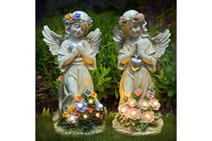 Kssiaz 2PCS Statues d'ange de Jardin Solaire en Forme de Cœur d'amour avec Lumière Chaude, Statue d'ange Priant Étanche avec Fleurs, Sculpture de Décoration de Jardin Extérieur pour Pelouse, Abricot