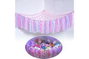 Beinou Toy Hammock Stuffed Animal Storage Soft Cuddly Plush Corner Hanging Net Hand Woven Large Macrame Tassel Organizer with LED Light for Kids Bedroom Nursery