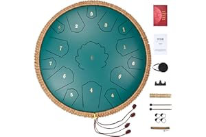 VEVOR Tambour à langue en acier, 356 mm, 15 notes, tambour de pluie pour jardin extérieur, do majeur, instrument de percussion à main, 2 maillets, sac de transport, pour éducation musicale, yoga, vert