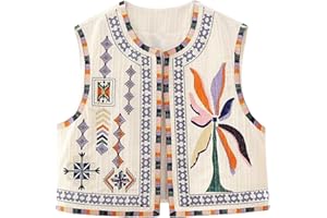 YILEEGOO Women Vintage Boho Floral Embroidered Gilets Sleeveless Crop Cardigan Tops Open Front Vest Outwear Jackets