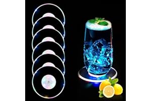 JOLIGAEA Juego de 6 Posavasos, Posavasos LED, Posavasos para Bebidas/Botellas, Resistente al Agua y al Calor, Posavasos Acrílico para Fiestas, Bares, Navidad (Adicionales con 6 Baterías+3 Pegatinas)
