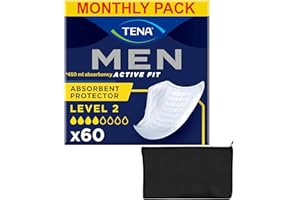 Tena Men Level 2 Incontinence Pads Men Bundle by Wishesla Absorbent Protector Multipack 6x10 Total of 60, 100% Discreet, Thin 4mm, up to 450ml Absorbancy and Black Fabric Toiletries Bag