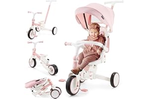 HyperMotion Rowerek Trójkołowy 8w1 TOBI FOREST – Modułowy Rower z Daszkiem, Pchaczem i Obrotowym Fotelikiem – Dla Dzieci 1-5 Lat – Kompaktowy i Regulowany (PINK)