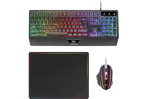 Mars Gaming MCP124, Layout Español, Combo Gaming 3en1, Teclado Ergonómico H-Mech LED RGB, Ratón RGB 3200DPI Switches HUANO, Alfombrilla Nanotextil 360x260mm, Compatibilidad Multiplataforma, Negro