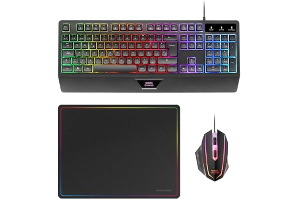 Mars Gaming MCP124, Layout Español, Combo Gaming 3en1, Teclado Ergonómico H-Mech LED RGB, Ratón RGB 3200DPI Switches HUANO, Alfombrilla Nanotextil 360x260mm, Compatibilidad Multiplataforma, Negro