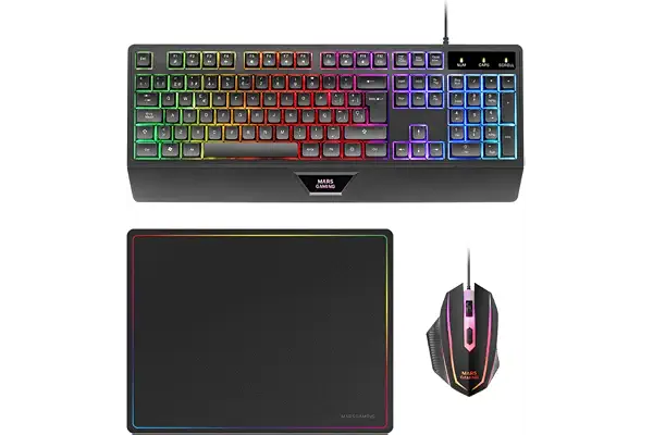 Mars Gaming MCP124, Layout Español, Combo Gaming 3en1, Teclado Ergonómico H-Mech LED RGB, Ratón RGB 3200DPI Switches HUANO, Alfombrilla Nanotextil 360x260mm, Compatibilidad Multiplataforma, Negro