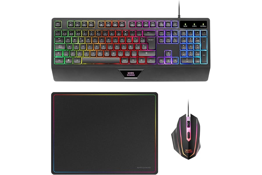 Mars Gaming MCP124, Layout Español, Combo Gaming 3en1, Teclado Ergonómico H-Mech LED RGB, Ratón RGB 3200DPI Switches HUANO, A