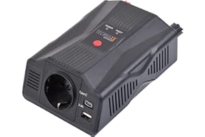 Technaxx Convertisseur de Puissance 12V DC à 230V AC – Onduleur Voiture Compact 300W (600W crête) – 1 Prise Schuko + USB-A & USB-C – Certifié TÜV Rheinland – Modèle TE24