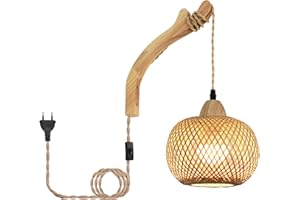 FRIDEKO HOME Lampa ścienna z przełącznikiem i wtyczką, drewniana lampa ścienna do wnętrz z przełącznikiem, abażur w stylu boho, rattanowy, kabel E27, 300 cm, do sypialni, salonu, przedpokoju (bez
