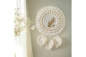 SOMYTING Miroir Mural à Franges en macramé Boho avec Pendentif en Plumes de Perles de Bois Miroir Rond d'art Mural pour Couloir De Chambre à Coucher Salon Décor à La Maison (Beige)