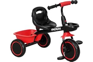 AIYAPLAY Tricycle pour Enfant évolutif avec siège réglable - pédales - 2 paniers - Ceinture - pour Enfant de 2 à 5 Ans - Rouge et Noir