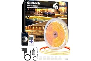 Gliztech 7M Tira LED COB impermeable IP68, 2700K Autoadhesiva Blanco Tira LED para exteriores con alimentación de 24V, BT APP y Control Remoto para Aleros, Jardines, Piscinas, Terrazas, Cocinas
