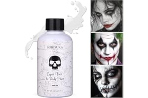BOBISUKA White Face Body Paint Liquid Texture Washable Non Toxic Facepaint Fast Drying Foundation Makeup for Halloween Clown Skeleton Skull Cosplay SFX Costume Party Large Capacity(130ml)