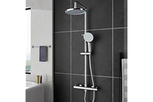 MORADO Thermostatic Shower Mixer Set,Thermostatic Mixer Tap,Adjustable Height Rainfall Spray and Multifunctional Handheld Shower Unit Included,Shower Riser Rail Set,Chrome,Round Shape