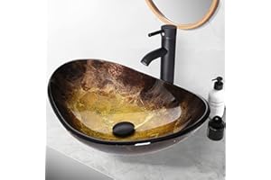 YU YUSING Countertop Bathroom Sink Basin Oval Hand Washbowl Tempered Glass with Tap Waste Set, Cloakroom Kitchen Toilet, Gold