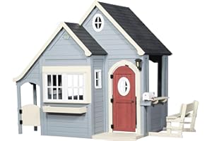 Backyard Discovery Spring Cottage Casa infantil de Madera | Casita de juegos para ninos de jardin / exterior en gris y negro | Incluidos los accesorios y ventanas