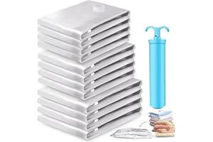 Vacbird Worki próżniowe z pompką ręczną, 12 sztuk (3 60 x 80 cm, 3 50 x 70 cm, 3 40 x 60 cm), worki próżniowe wielokrotnego użytku na ubrania, pościel, podróże